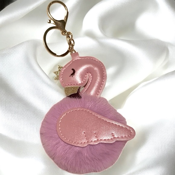 Flamingo Pink, Purple, & Gold Faux Fur Rhinestone-Encrusted Key Chain, Bag, Car - Picture 2 of 5